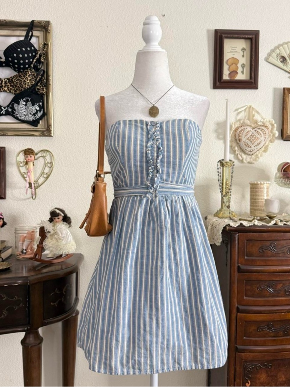 girly grunge twee striped strapless babydoll mini dress | size M